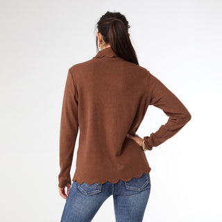 Ariana Turtleneck Top with Scalloped Trim - Chocolate