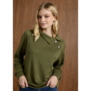 Phoenix Quilted Button Mock Neck Top - Mid Heather Grey