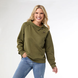 Phoenix Quilted Button Mock Neck Top - Olive
