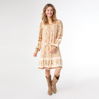 Autumn Delight Long Sleeve Printed Dress - Brown/Pastel