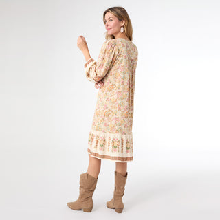 Autumn Delight Long Sleeve Printed Dress - Brown/Pastel