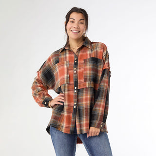 Lizzi Raw Trim Pieced Flannel Top - Rust/Charcoal