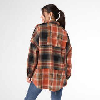 Lizzi Raw Trim Pieced Flannel Top - Rust/Charcoal