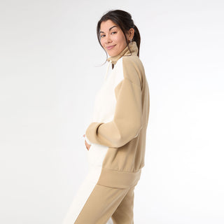 Hilarie Two-Tone Zip Front Sweatshirt - Camel/Ivory