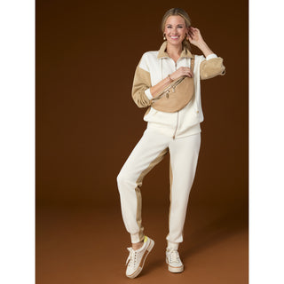 Hilarie Two-Tone Zip Front Sweatshirt - Black/Ivory