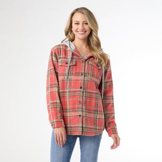 Quinn Hooded Plaid Shacket - Salmon Red