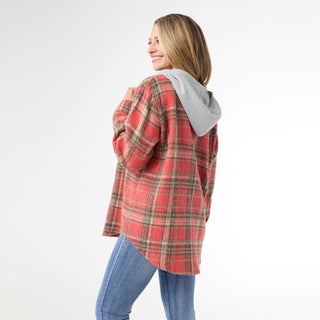Quinn Hooded Plaid Shacket - Salmon Red