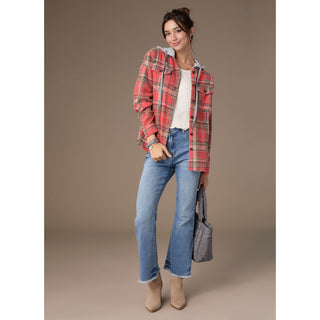 Quinn Hooded Plaid Shacket - Salmon Red