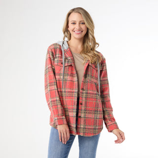 Quinn Hooded Plaid Shacket - Salmon Red