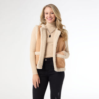 Keegan Faux Suede Open Front Vest with Sherpa - Camel