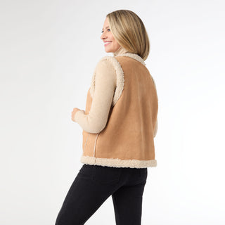 Keegan Faux Suede Open Front Vest with Sherpa - Camel