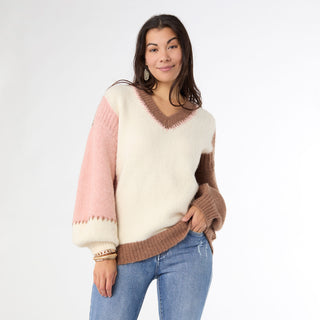 Dolores V-Neck Sweater with Contrast Sleeves - Spumoni
