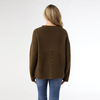Delphina Long Sleeve Lattice Back Sweater - Olive