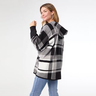 Hawthorn Plaid Hooded Cardigan - Black/Grey/Ivory