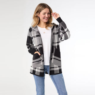 Hawthorn Plaid Hooded Cardigan - Black/Grey/Ivory