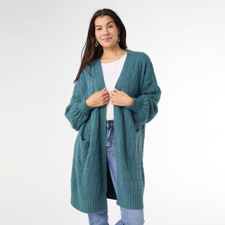Summit Cable Knit Open Cardigan - Dark Teal