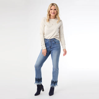 EverStretch Straight Ankle with Bottom Embroidery - Medium Denim
