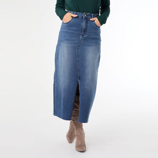 EverStretch Long Skirt with Front Slit - Dark Denim