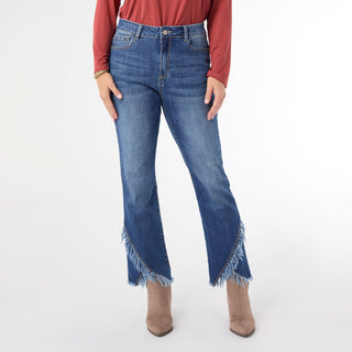 Bambu Soft Straight Ankle with Crossover Fringe Bottom - Dark Denim