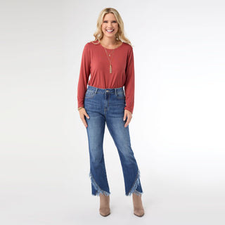 Bambu Soft Straight Ankle with Crossover Fringe Bottom - Dark Denim