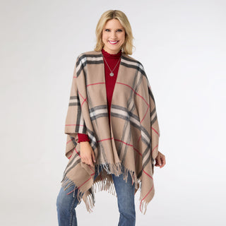 Micayla Brushed Plaid Wrap with Fringe - Taupe/Black/Red