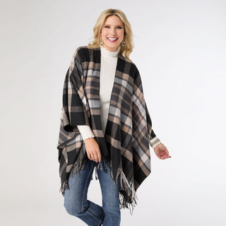 Ellin Plaid Fringe Wrap with Lurex - Black/Taupe Lurex
