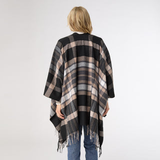 Ellin Plaid Fringe Wrap with Lurex - Black/Taupe Lurex