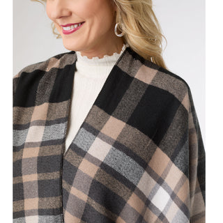 Ellin Plaid Fringe Wrap with Lurex - Black/Taupe Lurex