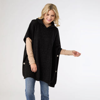 Tindra Hooded Lurex Pullover with Buttons - Black Lurex