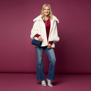 Janara 3/4 Sleeve Button Wrap with Faux Fur Trim - Winter White