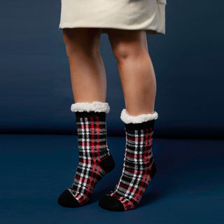 Cozy Cabin Slipper Socks - Black Plaid