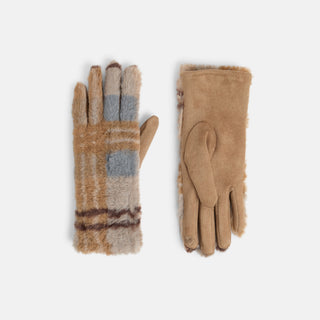 Faux Fur Plaid Touchscreen Gloves - Tan/Grey