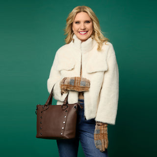 Faux Fur Plaid Touchscreen Gloves - Tan/Grey