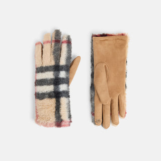 Faux Fur Plaid Touchscreen Gloves - Light Tan/Black