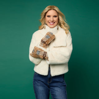 Faux Fur Plaid Touchscreen Gloves - Light Tan/Black