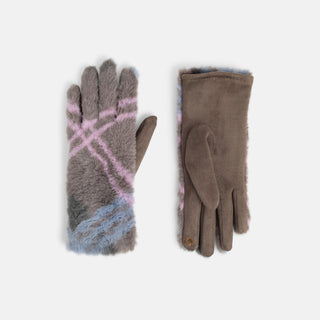 Faux Fur Plaid Touchscreen Gloves - Grey/Purple