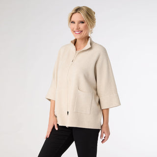 Heavenly-Luxe Rhinestone Zip Front Cardigan with Pockets - Oatmeal