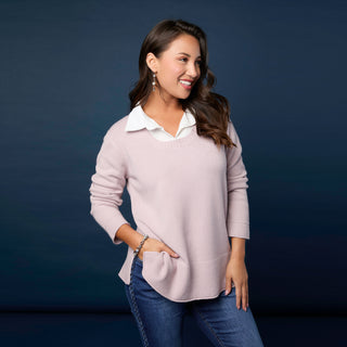 Heavenly-Luxe Crew Neck Sweater with Woven Collar - Blush Lavender