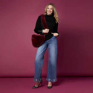 Skylah Mock Neck Sweater with Pearl Button Cuff - Black