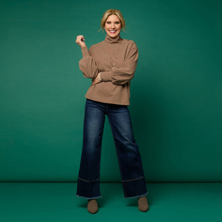 Audrina Super Soft Top with Button Detail - Mushroom Heather