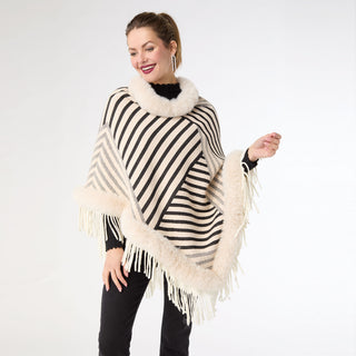 Ausha Fringe Poncho with Faux Fur Trim - Ivory/Black Stripe