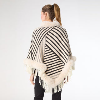 Ausha Fringe Poncho with Faux Fur Trim - Ivory/Black Stripe