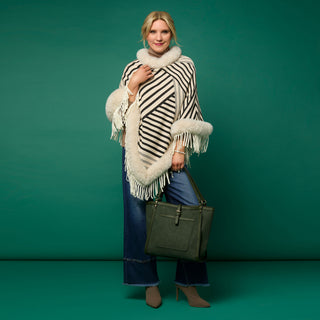 Ausha Fringe Poncho with Faux Fur Trim - Ivory/Black Stripe