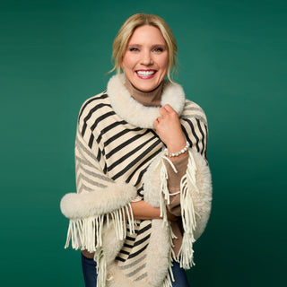 Ausha Fringe Poncho with Faux Fur Trim - Ivory/Black Stripe