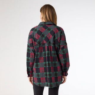 Lizzi Raw Trim Pieced Flannel Top - Black/Red/Green