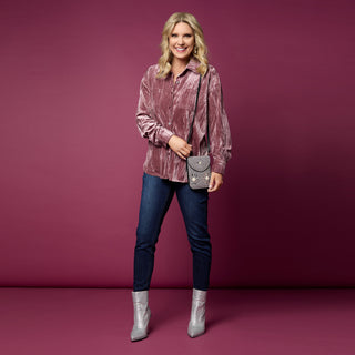 Avyanna Crinkle Velour Button Front Top - Dusty Rose
