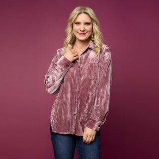 Avyanna Crinkle Velour Button Front Top - Dusty Rose