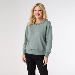 Braelyn Button Back Sweater with Rhinestones - Dusty Green