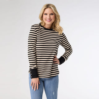 Alexis Super Soft Stripe Top with Snap Cuff - Black/Cream
