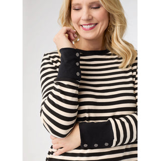 Alexis Super Soft Stripe Top with Snap Cuff - Black/Cream